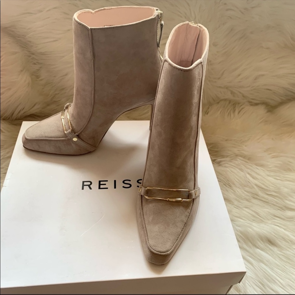 New! Rare REISS Paris Jett Embellished Suede Ankle Booties in Taupe - Picture 7 of 13